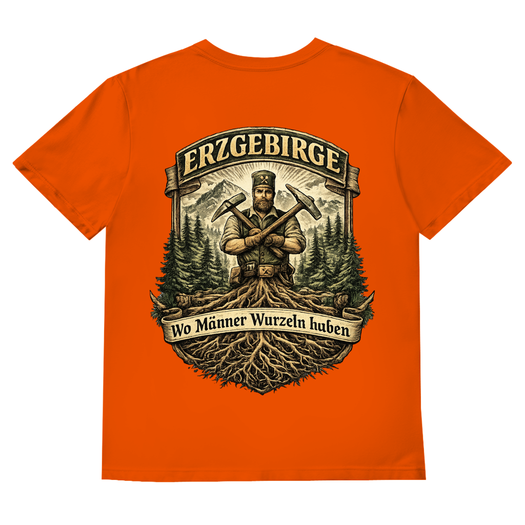 T-Shirt" Erzgebirge – Wo Männer Wurzeln haben" V-Neck Brust-& Rückendruck