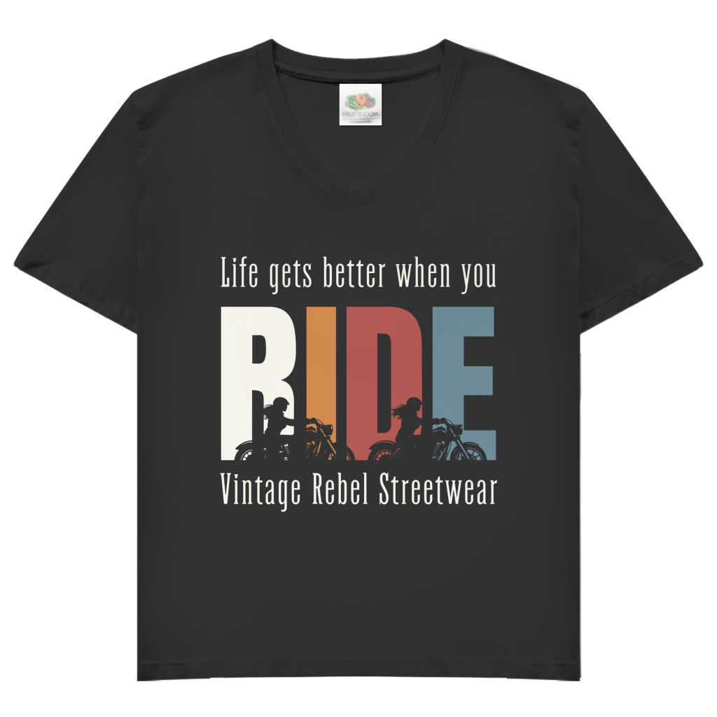 T-Shirt "RIDE" V-Neck Brustdruck