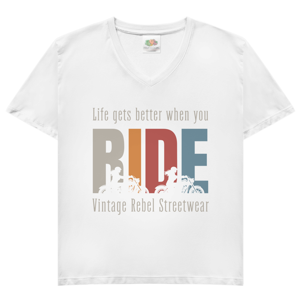 T-Shirt "RIDE" V-Neck Brustdruck