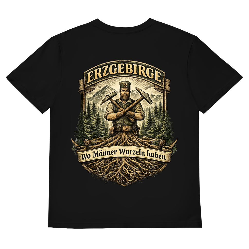 T-Shirt" Erzgebirge – Wo Männer Wurzeln haben" V-Neck Brust-& Rückendruck