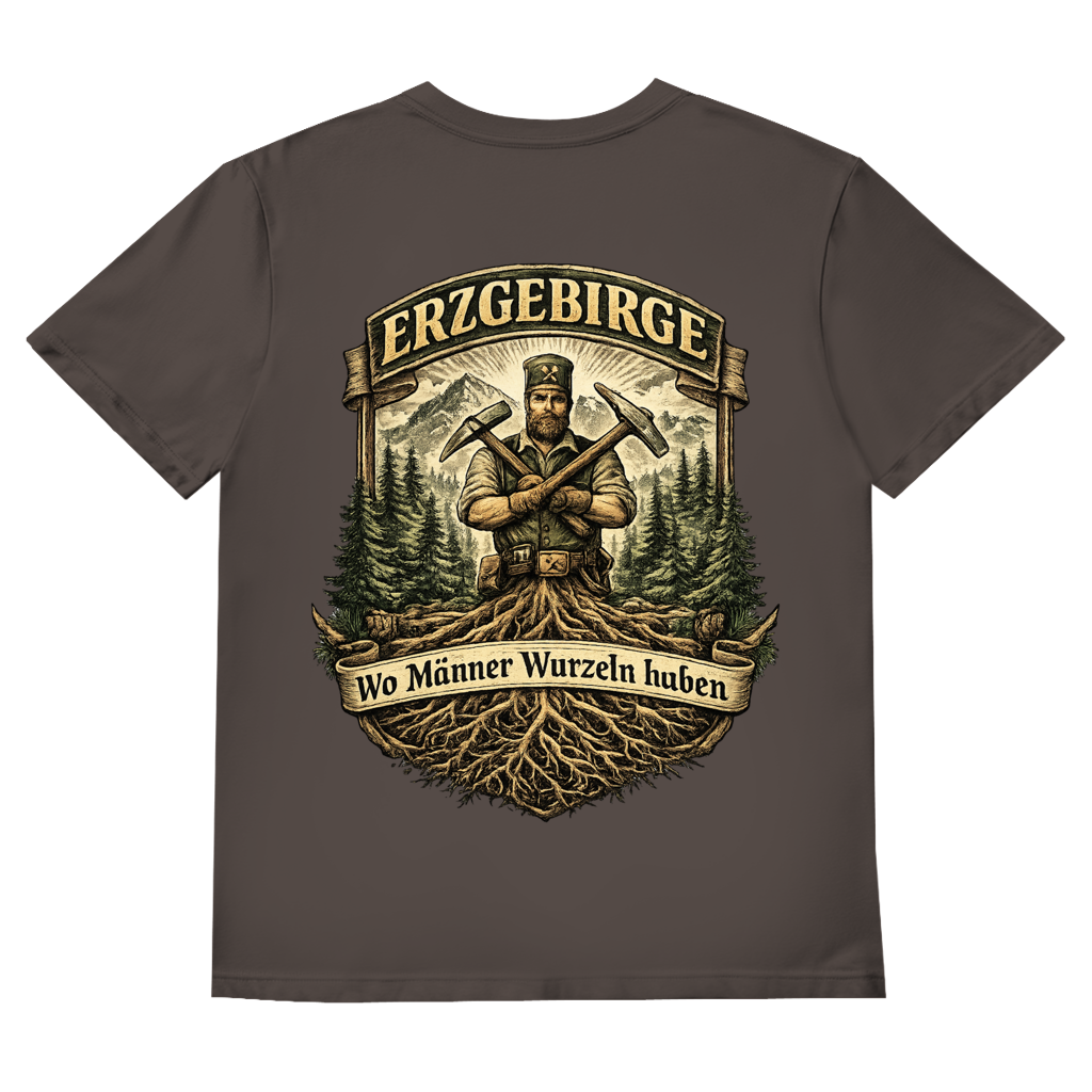 T-Shirt" Erzgebirge – Wo Männer Wurzeln haben" V-Neck Brust-& Rückendruck