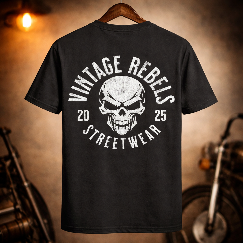 Biker V-Neck T-Shirt Herren Vintage Skull – Motorrad Shirt mit Brust- & Rückendruck