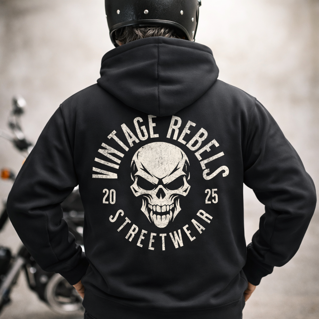 Biker Zipper Hoodie Herren Vintage Skull – Motorrad Shirt mit Brust- & Rückendruck