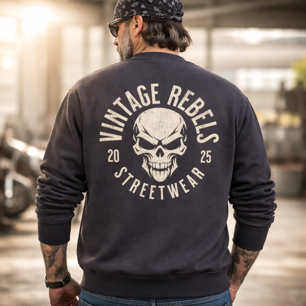 Biker Sweatshirt Herren Vintage Skull – Motorrad Shirt mit Brust- & Rückendruck