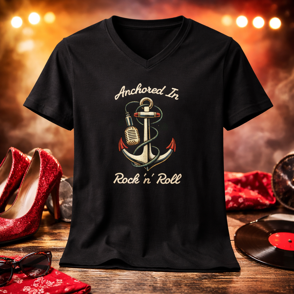 T-Shirt V-Neck "Anchored in Rock 'N' Roll" | Frauen