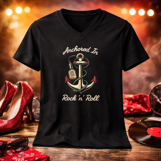 T-Shirt V-Neck "Anchored in Rock 'N' Roll" | Frauen