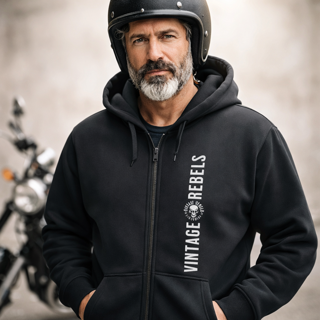 Biker Zipper Hoodie Herren Vintage Skull – Motorrad Shirt mit Brust- & Rückendruck