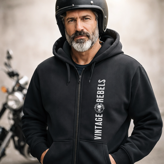Biker Zipper Hoodie Herren Vintage Skull – Motorrad Shirt mit Brust- & Rückendruck