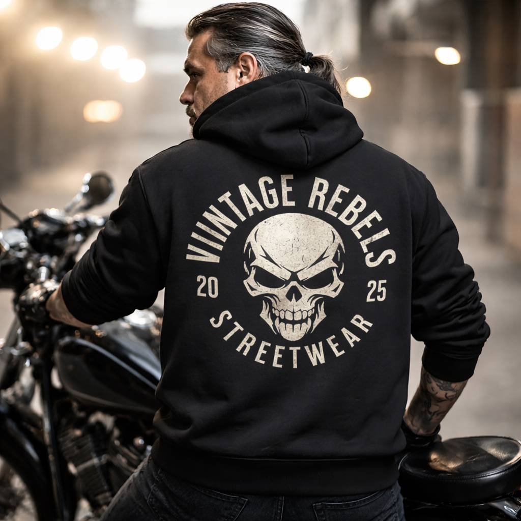 Biker Hoodie Herren Vintage Skull – Motorrad Shirt mit Brust- & Rückendruck