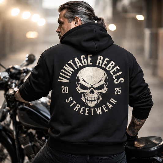 Biker Hoodie Herren Vintage Skull – Motorrad Shirt mit Brust- & Rückendruck