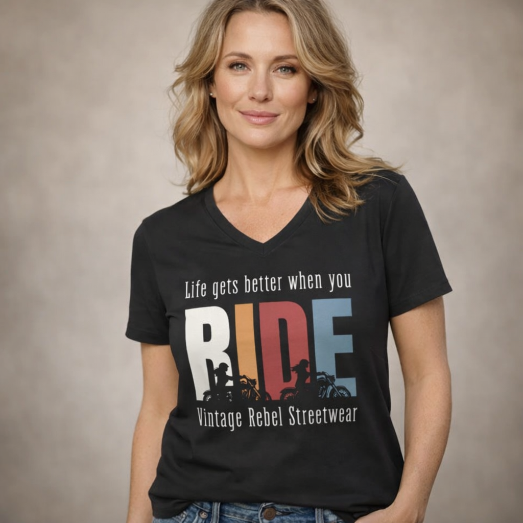 T-Shirt "RIDE" V-Neck Brustdruck