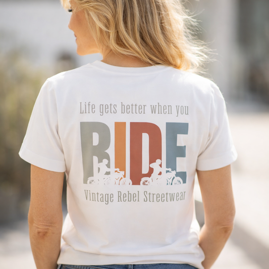 T-Shirt V Neck " RIDE " Brust- & Rückendruck