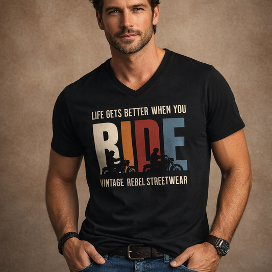 T-Shirt "RIDE" Herren V-Neck Brustdruck